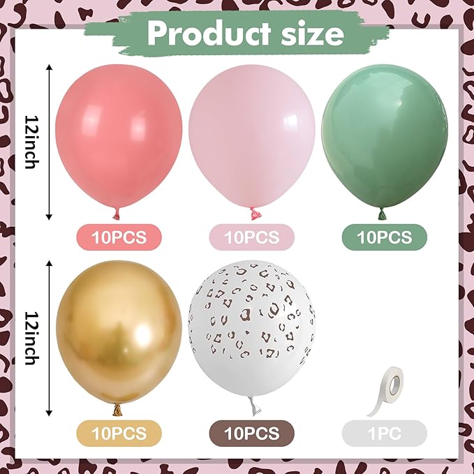 Pink and Green Balloons, Jungle Safari Balloon 12 Inch Leopard Cheetah Print Sage Green Dusty Light Pink Metallic Gold Latex Balloons for Girls Boho Baby Shower Wild One Birthday Party Decorations