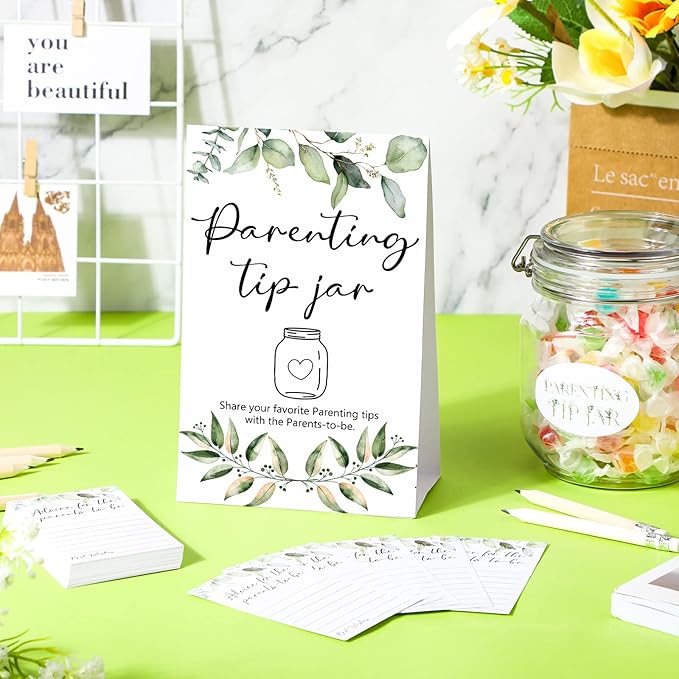 Roowest Baby Shower to Baby Advice Cards for New Parents to Be - Tip Jar Sign for New Parents 60 Parenting Advice Cards 10 HB Pencils 2 Cute Stickers 1 Pet Bottle for Guests Games(Leaf)