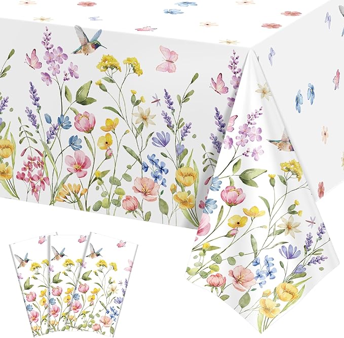 3 Pack Wildflower Plastic Tablecloths, 54 X 108Inch Spring Tablecloth Disposable Tea Party Table Cloth, Butterfly Wildflower Porcelain Tables Decor for Mother's Day Birthday Garden Wedding Party