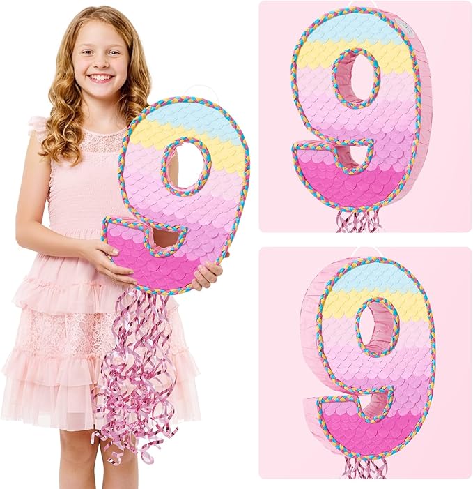 WERNNSAI Number 9 Piñata – Pink 9th Birthday Party Decorations Rainbow Ombre Nine Piñata for kids girls with Blindfold and Stick for 9 Year Birthday Supplies Princess Anniversary Decoration