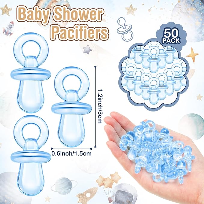 Thyle 51 Pcs Outer Space Baby Shower Games Planets Pacifier Hunt Include Galaxy Solar System Hunt Sign and 50 Acrylic Pacifiers for Astronaut Baby Shower Game over The Moon Gender Reveal Party Decor
