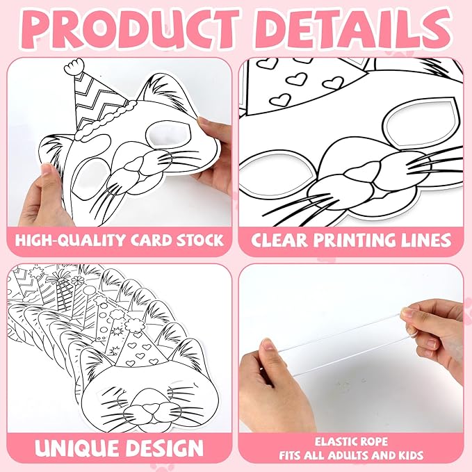 36 Set Cat Coloring Mask Animal Paper Arts Crafts Kids Color Your Own Birthday Cat Blank DIY Mask Masquerade Birthday Party Dress-Up Decoration Favor School Classroom Activity Game Supplies