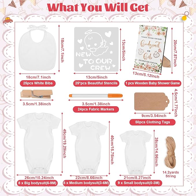 201 Pcs Baby Shower Set Baby Shower Game Sign Baby Bib Bodysuit White Baby Bib Newborn Bodysuit Baby Shower White Decorating Kit(PinkFlowerButterfly)