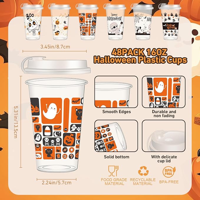 50 Pcs Halloween Plastic Cups 16oz Disposable Clear Drinking Cup with Lids,4 Style Patterns for Hot and Cold Drinks, Coffee, Beer, Drinks, Ice Cream, Trick or Treat Halloween Party Decoration Supplies
