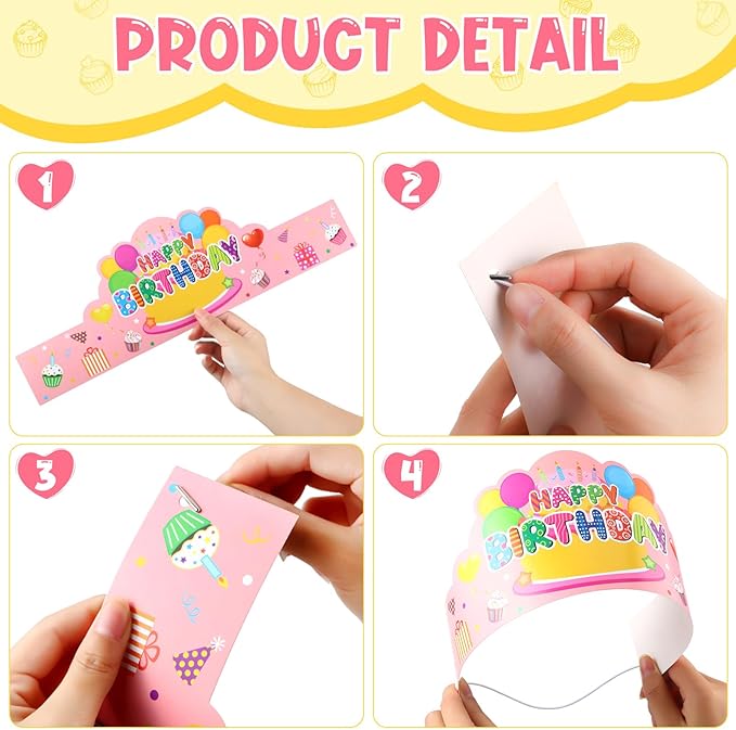 Yunsailing 108 Pcs Happy Birthday Party Supplies for Kids Include 36 Birthday Paper Crowns 36 Badge Stickers and Slap Bracelets for Classroom School Party Supply(Fresh Color)