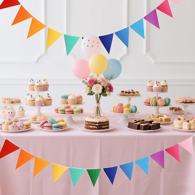 4 Strings 48PCS Rainbow Pennant Banner Flags- Colorful Triangle Felt Banner Kit with 8.2ft Ribbon-Vibrant Party Decorations for Weddings/Birthdays/Christmas/Festive Events(Rainbow Colors)
