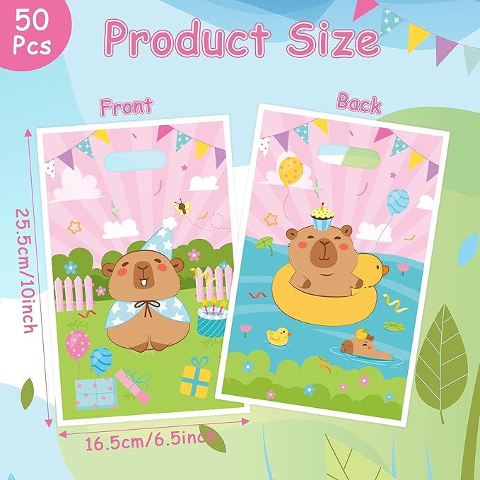 Capy Party Favor Bags - 50Pcs Pink Capy Patterns Goody Candy Treat Bags, Cute Animals Themed Party Decorations for Kids Boys Girls Birthday Baby Shower Animals Events Supplies