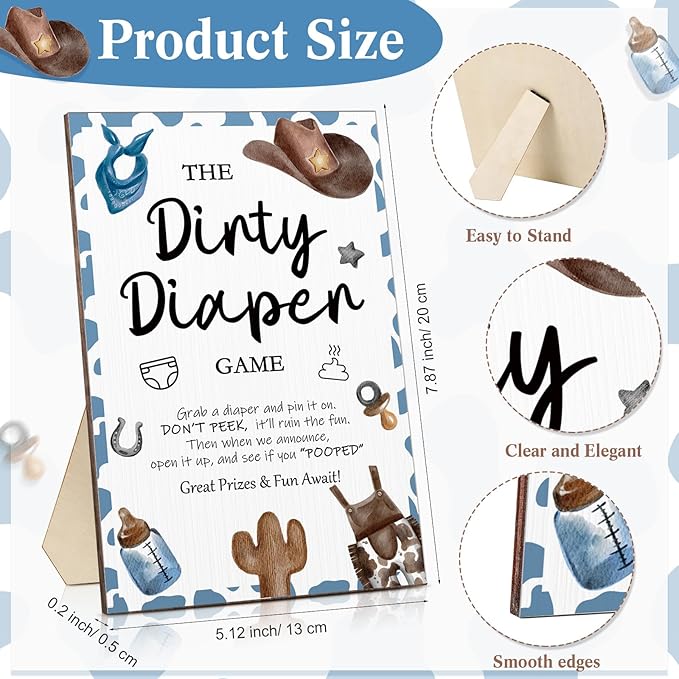 Roowest 51 Pcs Dirty Diaper Baby Shower Games Funny Wooden Sign with 50 Pcs Mini Diapers Cute Felt for Gender Reveal Party Baby Shower (Blue Cowboy)