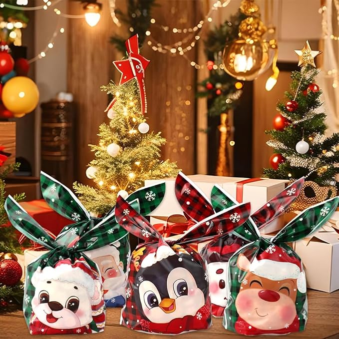 Christmas Treat Goodie Bags, 100 Pcs Xmas Plastic Cellophane Candy Cookie Snack Rabbit Ears Gift Bag, Plastic Goody Present Wrapping Bag for Christmas Holiday Event Party Favors Decoration (5 Designs)