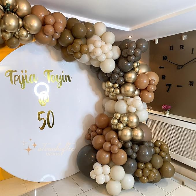 Brown Balloon Garland Arch Kit, Nude Tan Balloon Set with Brown Gold Metallic Balloons, Beige Neutral Coffee Balloons for Teddy Bear Boho Birthday Party Decorations
