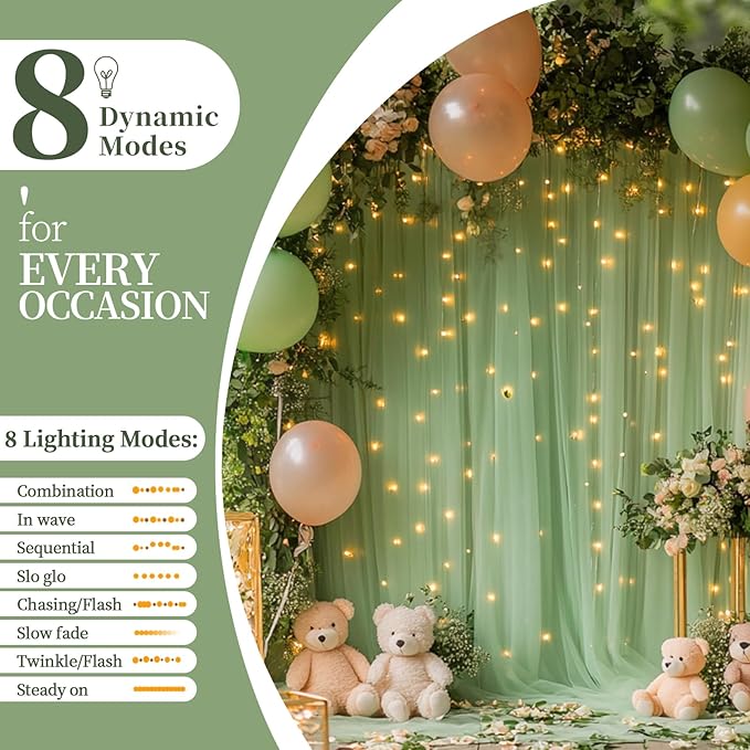 10x10ft Sage Green Tulle Backdrop Curtain with String Lights, Wrinkle-Free Sheer Wedding Backdrop for Birthday Parties, Baby Showers, Bridal Showers, Photo Shoots and Home Decor, Sage Green