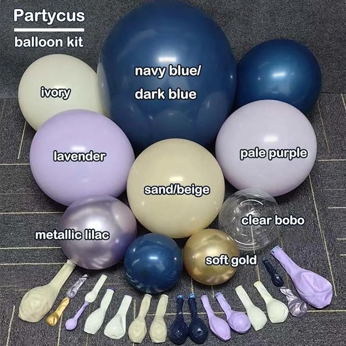 Navy Blue Purple Balloon Arch Double Stuffed, Dark Blue Pastel Lavender White Sand Ivory Balloon Garland Kit with Clear Bobo Metallic Lilac Latex for Baby Shower Wedding Birthday Valentine Party Decor