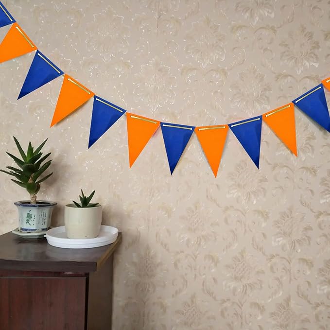 Navy Blue and Orange Pennant Banner 3 Pack Paper Triangle Flag Hanging Decoration for Wedding Birthday Baby Shower Halloween Family Party（36pcs Triangle Flag）