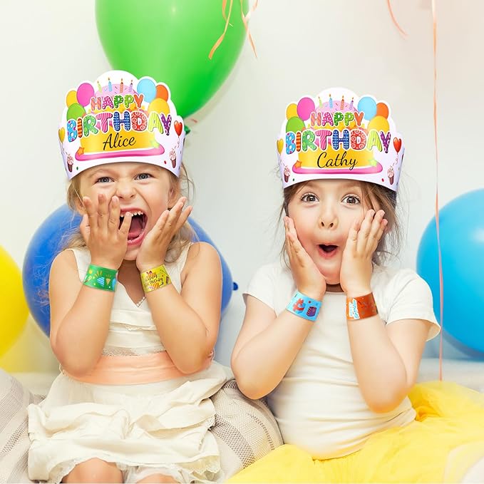 Yunsailing 108 Pcs Happy Birthday Party Supplies for Kids Include 36 Birthday Paper Crowns 36 Badge Stickers and Slap Bracelets for Classroom School Party Supply(Cute Style)