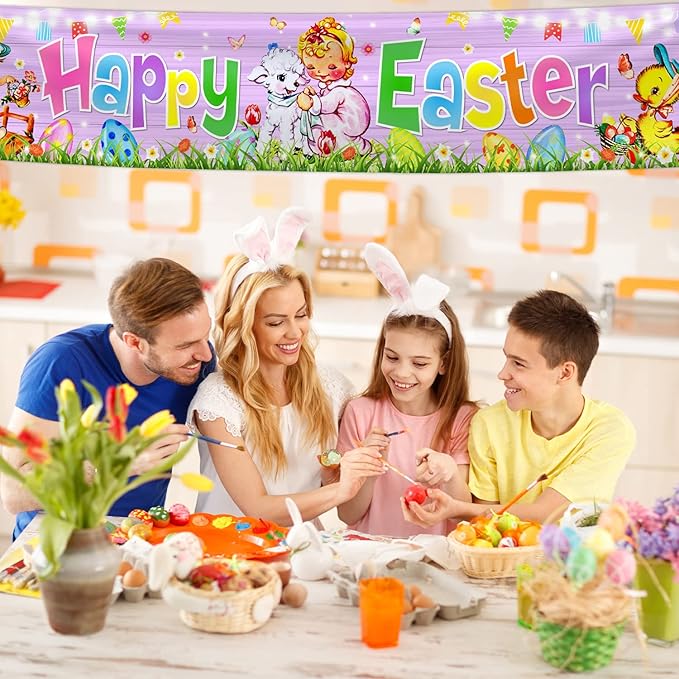 Easter Decorations Happy Easter Banner Traditional Easter Day Porch Banner Easter Yard Sign for Wall Yard Fence Spring Theme Party Indoor Outdoor (Pink)