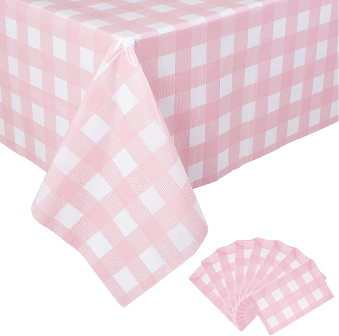 Kesfey 8 Packs Pink and White Checkered Tablecovers 54 x 108 Inches Disposable Party Picnic Table Cloth SpillProof Plastic Gingham Tablecovers for Camping Decoration Party Favors