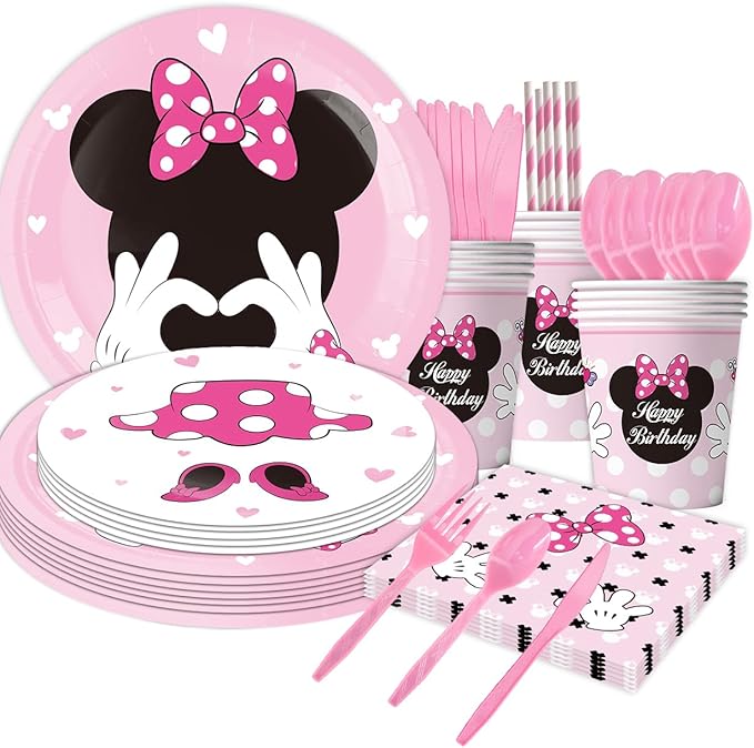 91Pcs Pink Bow Mouse Party Supplies Tableware Set, Cartoon Theme Birthday Party Decorations Include Paper Plates, Napkins, Tablecloth, Straws, Cups, Knives, Spoons and Forks (Pink)