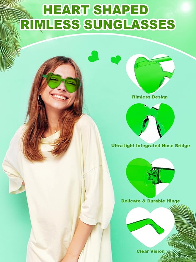 Heart Shaped Sunglasses for Women Colorful Glasses Fun Trendy Transparent Heart Sunglasses Party Favor (1 Pair-Fluorescent Green)
