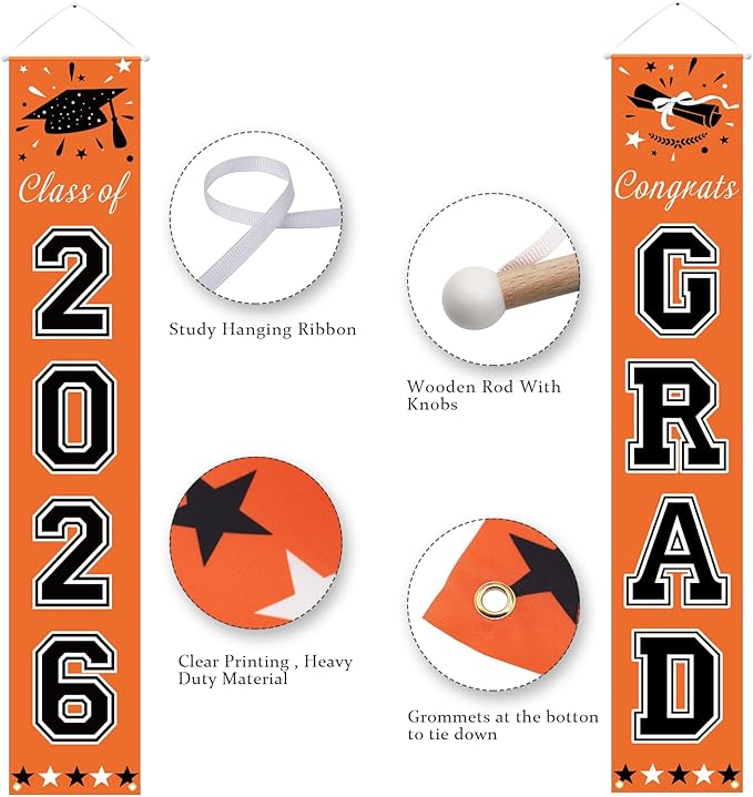 DAZONGE 2026 Graduation Party Decorations Orange and Black - Congrats Grad Banner Party Supplies - Graduation Decorations Class of 2026 for Any Schools or Grades