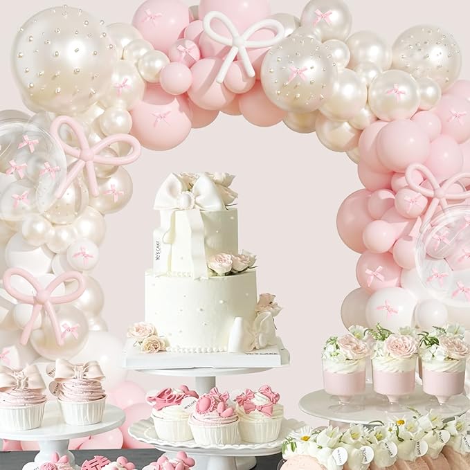 Pink Bow Birthday Decorations,220Pcs Pink Bow Balloon Arch Kit with 260 Clear Double Stuffed Pearl Balloons Ribbon Bow Pearl Stickers for Bow Coquette Birthday Bachelor Bridal Baby Shower Wedding