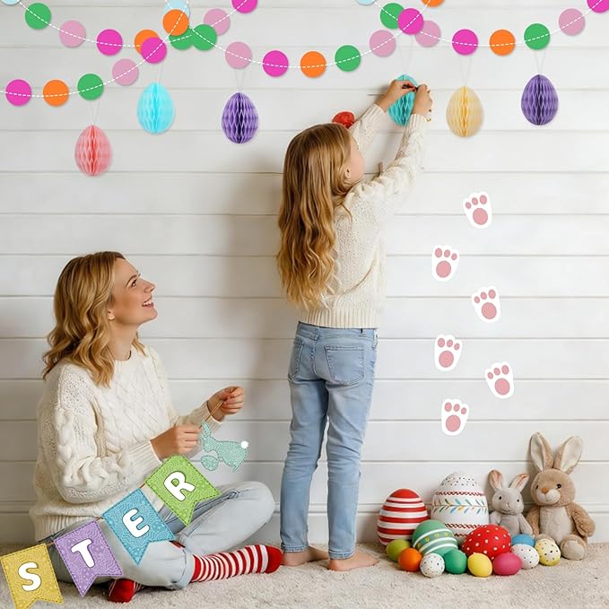 AhfuLife Easter Decorations Set, Happy Easter Bunny Paper Banner, Easter Egg Hunt Signs Clues with Sticks and Bunny Feet, Reusable Bunting for Home Garden Indoor Outdoor Party Game Decorations