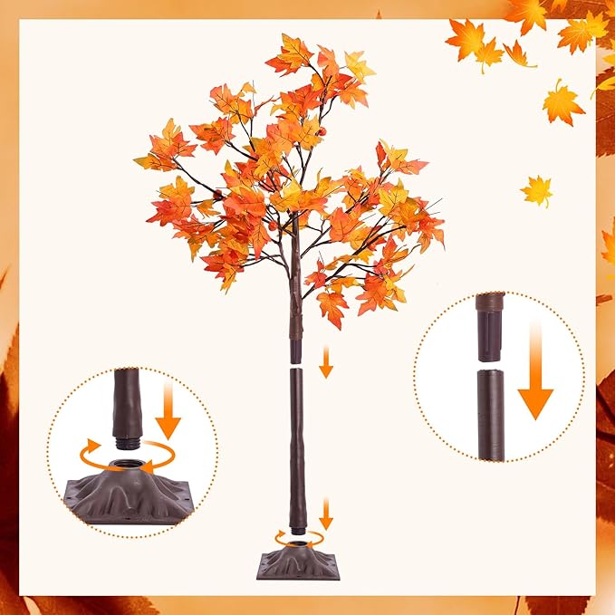 2Pack 4FT Artificial Prelit Lighted Fall Maple Tree for Home Fall Halloween Thanksgiving Table Harvest Home Indoor Decoration