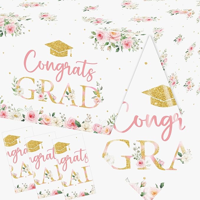 3Pack Graduation Tablecloth,Graduation Party Decorations Pink Gold Floral Congrats Grad Table Cover Plastic Rectangle Table Cloths for Class of 2026 High School College Graduates Party Supplies