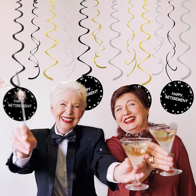 Retirement Party Decorations for Men Women Black Gold Happy Retirement Banner Hanging Swirls Kit for Retire Party Decor Supplies