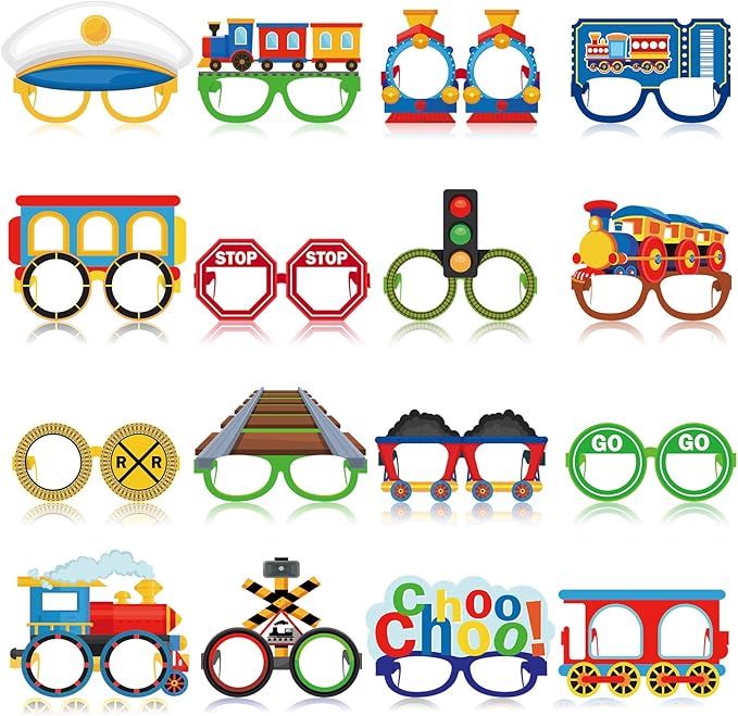 Pajean 32 Pcs Train Party Decoration Train Themed Paper Eyeglasses Photo Booth Props Transportation Party Supplies Paper Glasses Frame for Traffic Birthday Christmas Gift Decor Prizes