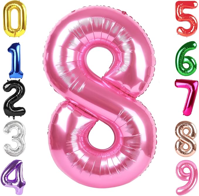 40 Inch Pink Number 8 Balloon, Giant 8 Number Balloons for 8th Birthday Decorations, Party Supplies for Baby Boy Girl, Pink Party Decor