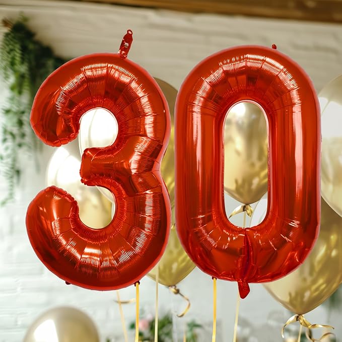 40 Inch Large Red Number Celebration and Decoration Balloon for Birthday Parties, Graduations, Anniversaries, Weddings, Photo Shoots, Special Events - Helium Foil Mylar (Red Number 30)