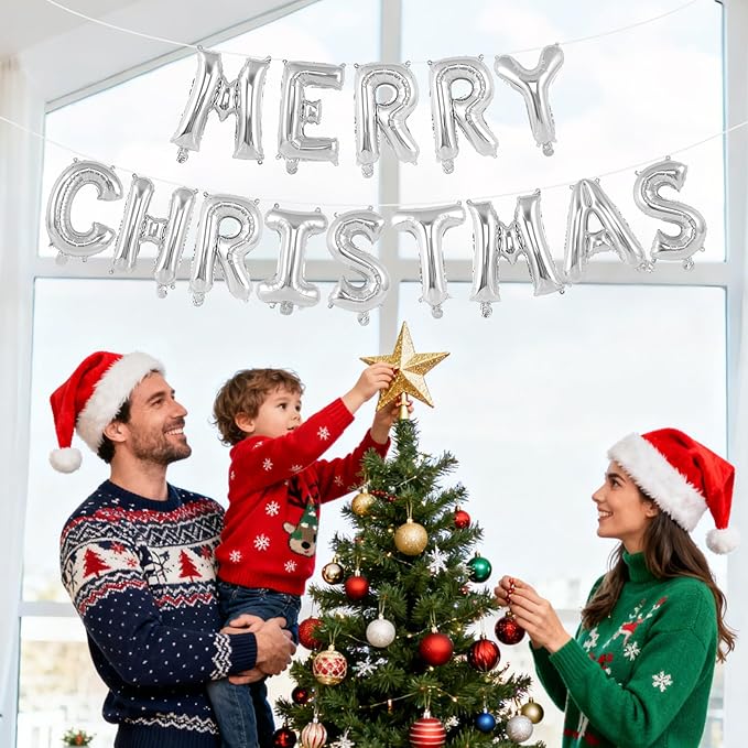 Silver Merry Christmas Letter Balloons Banner, Merry Christmas Foil Xmas Balloon for Xmas Party Decorations (Silver)