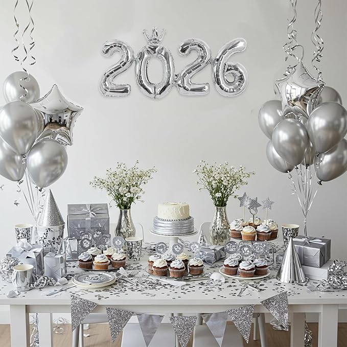 TONIFUL 2026 Silver Crown Foil Number Balloons 16 Inch Silver Number Banner 2026 Graduation Aluminum Foil Mylar Balloons for New Year Eve Christmas Anniversary Party Supplies