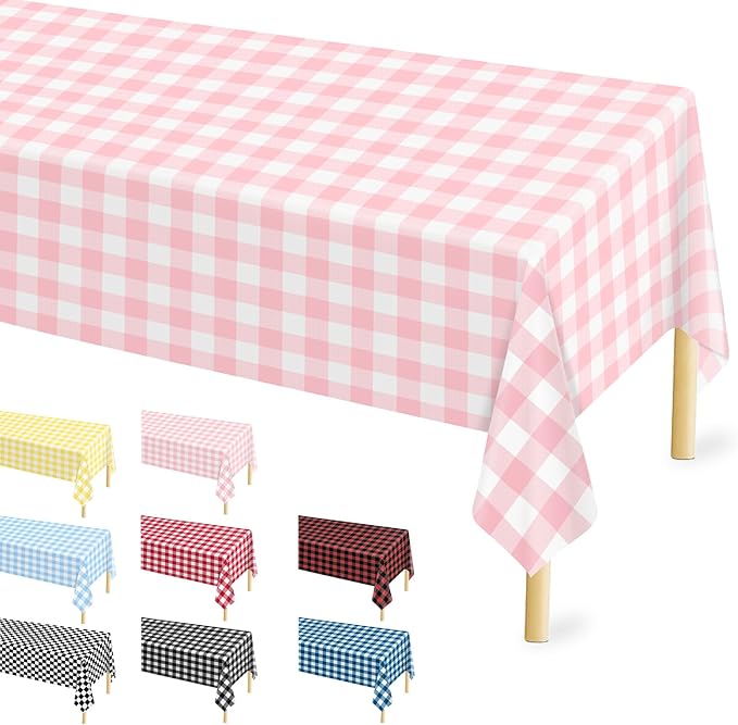 4 Pcs Pink Gingham Tablecloth 54 × 108 Inches Pink and White Checkered Table Cloth Disposable Plastic Waterproof Tablecover for Outdoor Picnic, Birthday Party, Holiday Dinner