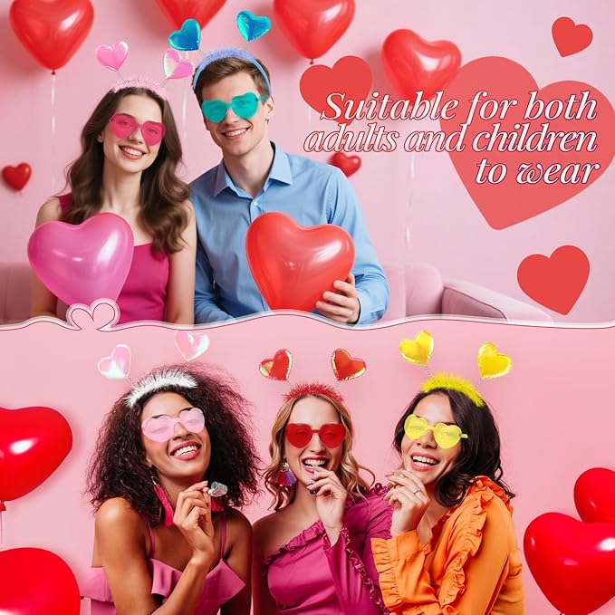 Valentines Day Heart Headband and Heart Glasses, 6 Pcs Each, Costume Cosplay Accessories for Kids Adults, Party Supplies, Romantic Gift