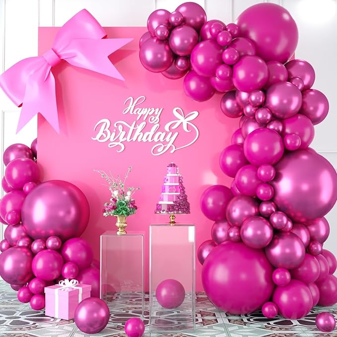 Magenta and Hot Pink Balloon Arch Kit, Metallic Magenta and Hot Pink Balloon Garland Kit, Rose Red Chrome Balloons Different Sizes for Bachelorette Party Birthday Wedding Party Decorations