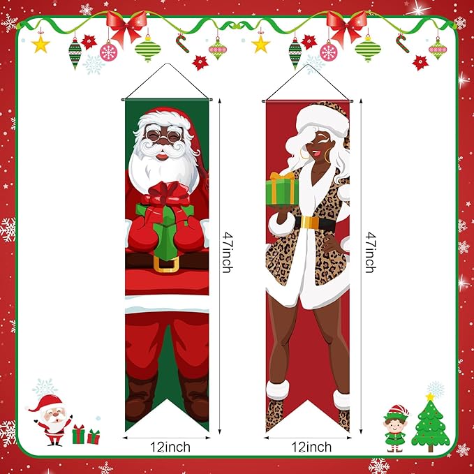 Blulu 2 Pack Christmas Porch Banners African American Christmas Porch Signs Black Santa Xmas Porch Sign Banners for Winter Holiday Party Indoor Outdoor Front Door Wall Yard Hanging Decorations
