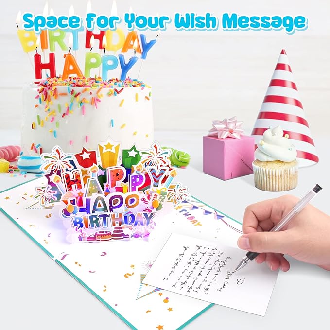 INPHER Large Birthday Card, 3D Pop up Light and Music Happy Birthday Card, Musical Birthday Gift Greeting Card for Men, Women, Kids