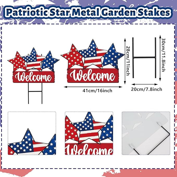 JarThenaAMCS Patriotic Metal Garden Stakes Vintage 4th of July Star Decorative Lawn Sign Welcome Yard Sign for Independence Day Home Outside Lawn Porch Decor