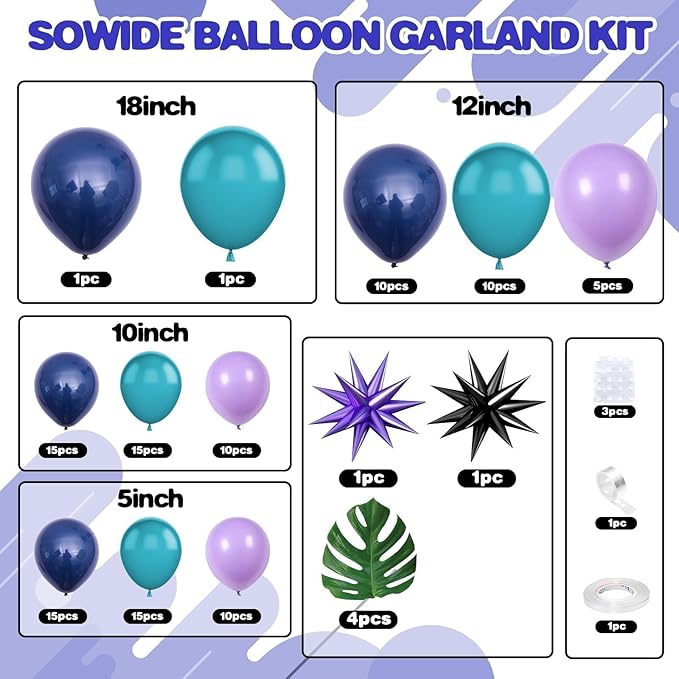 Teal Purple and Blue Balloon Arch Garland Kit, Navy Blue Purple Teal Balloons Garland Kit with Star Balloons for Birthday Hawaii Tropical Party Supplies Video Gaming Baby Shower Party Decorations