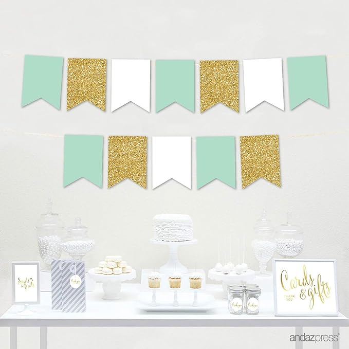 Andaz Press Hanging Pennant Banner with String, Mint Green, White, Faux Gold Glitter, 1-Set, 24 Pennants, Approx. 12-Feet Long, Baby Baptism Theme Colored Supplies