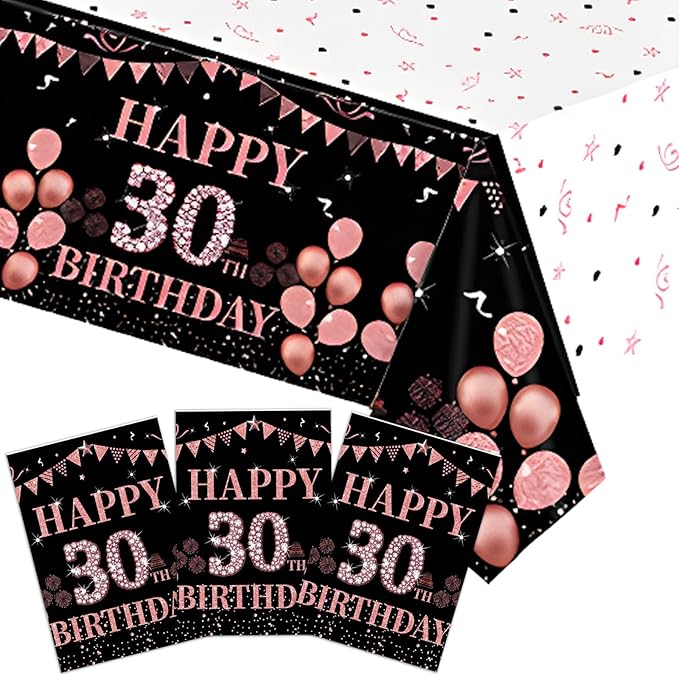 3PCS Happy 30th Birthday Tablecloth Decorations for Girls Women Black and Rose Gold 30 Year Old Birthday Party Supplies Disposable Plastic Rectangular Table Cloth
