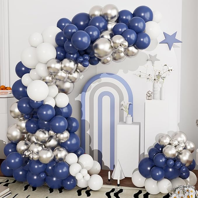 Navy Blue and Silver Balloons Garland Arch Kit,150pcs Navy Blue Silver and White Latex Balloons in Different Sizes for New Year Graduation Baby Shower Birthday Prom Wedding Party Decorations