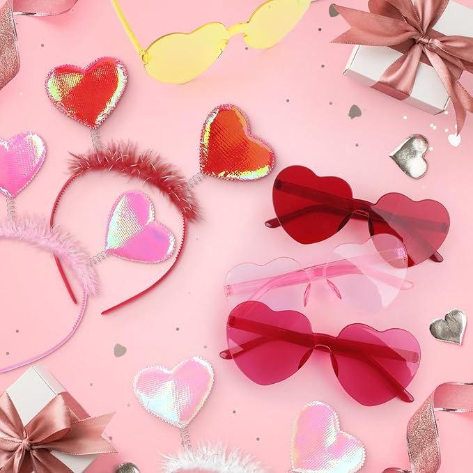 Valentines Day Heart Headband and Heart Glasses, 6 Pcs Each, Costume Cosplay Accessories for Kids Adults, Party Supplies, Romantic Gift