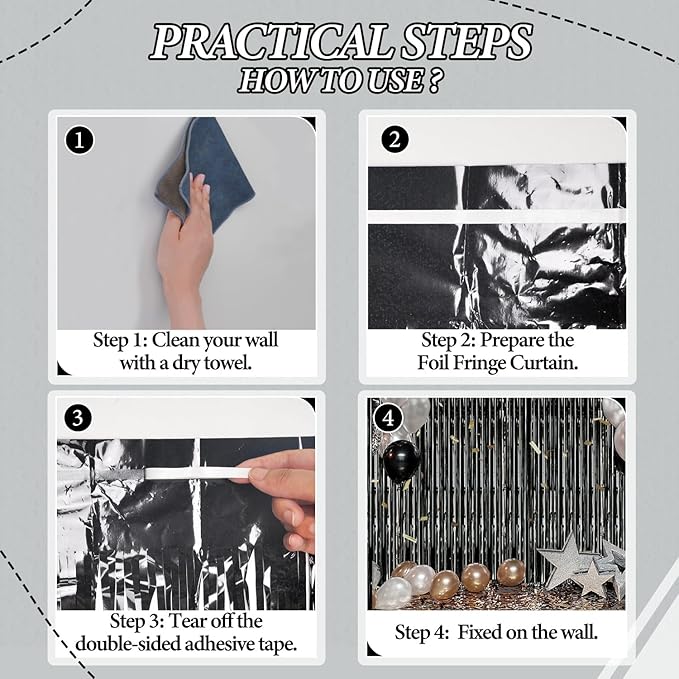 2 Pack Foil Fringe Backdrop - Laser Black Shiny Tinsel Curtains for Party Decoration/Photo Booth Props - 3.3x6.6 FT Metallic Foil Backdrop for Birthday, Wedding, Graduation, Christmas.