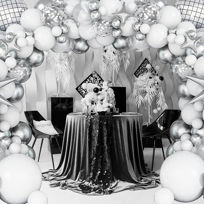 White and Silver Balloon Arch Garland Kit,White Silver Star Confetti Metallic Balloon Decoration with 18 Inch 4D Disco Silver Foil Balloon for Birthday Baby Shower Wedding Anniversary Party Decor