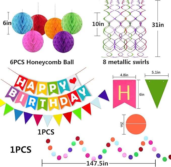 FECEDY Colorful Happy Birthday Banner Paper Triangle Flag Bunting Circle Confetti Dots Hanging Garland And Honeycomb Ball Swirl Streamers for Birthday Baby Shower Party Decoration