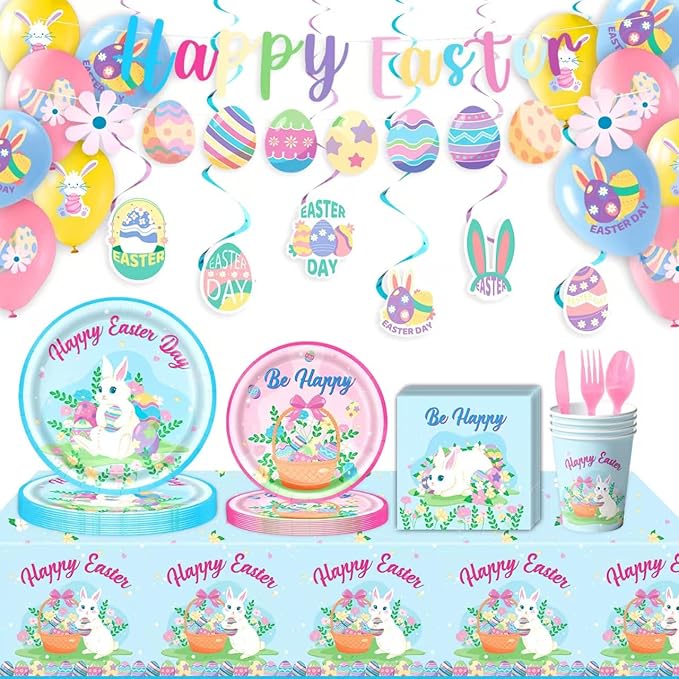 Easter Party Supplies Set, Easter Theme 331 Pieces with Plates, Napkins, Cups, Banner, Balloon, Tablecloth, Flag Swirls and Tableware for 40 Guest Pink and Blue Design for Party