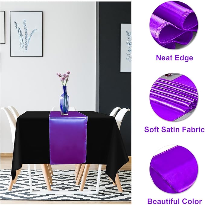 12Pack 12x108 Inch Satin Table Runner and 54x108Inch Plastic Tablecloths Set Black Purple Disposable Rectangle Table Cover for Graduation Wedding Bridal Shower Anniversary Birthday Party Decorations