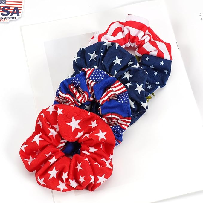 USA American Flag Hair Scrunchies for Women Girls Independence Day Patriotic Red White Blue Hair Ties 4th of July Hair Tie Elastic Festival Ponytail Holder Hair Accessories Gifts ﻿